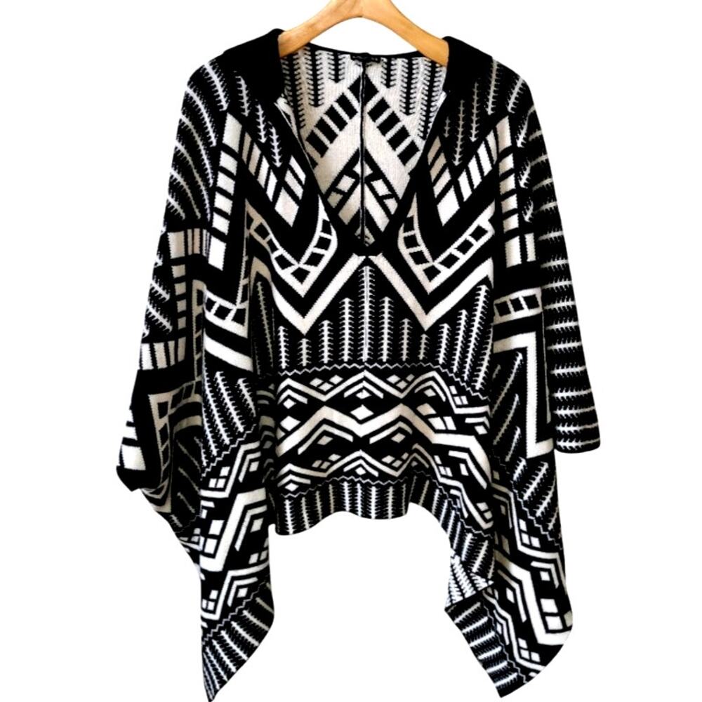 Express Hooded Poncho Sweater One Size | Black White Aztec Tribal Knit Cape Fall